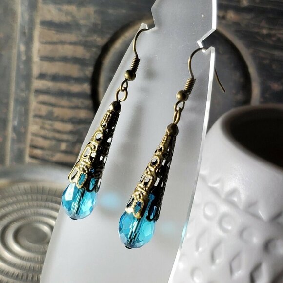 Antique Bronze Filigree Faceted Turquoise Blue Crystal Teardrop Earrings - Picture 1 of 8